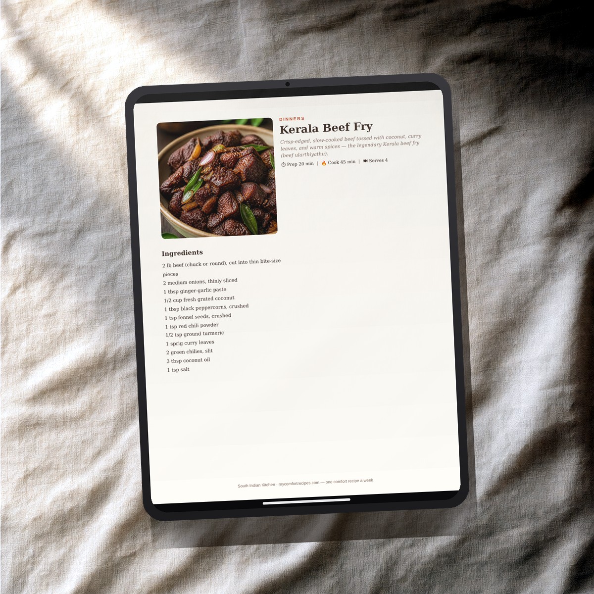 South Indian Kitchen PDF recipe book — Kerala Beef Fry recipe on a tablet
