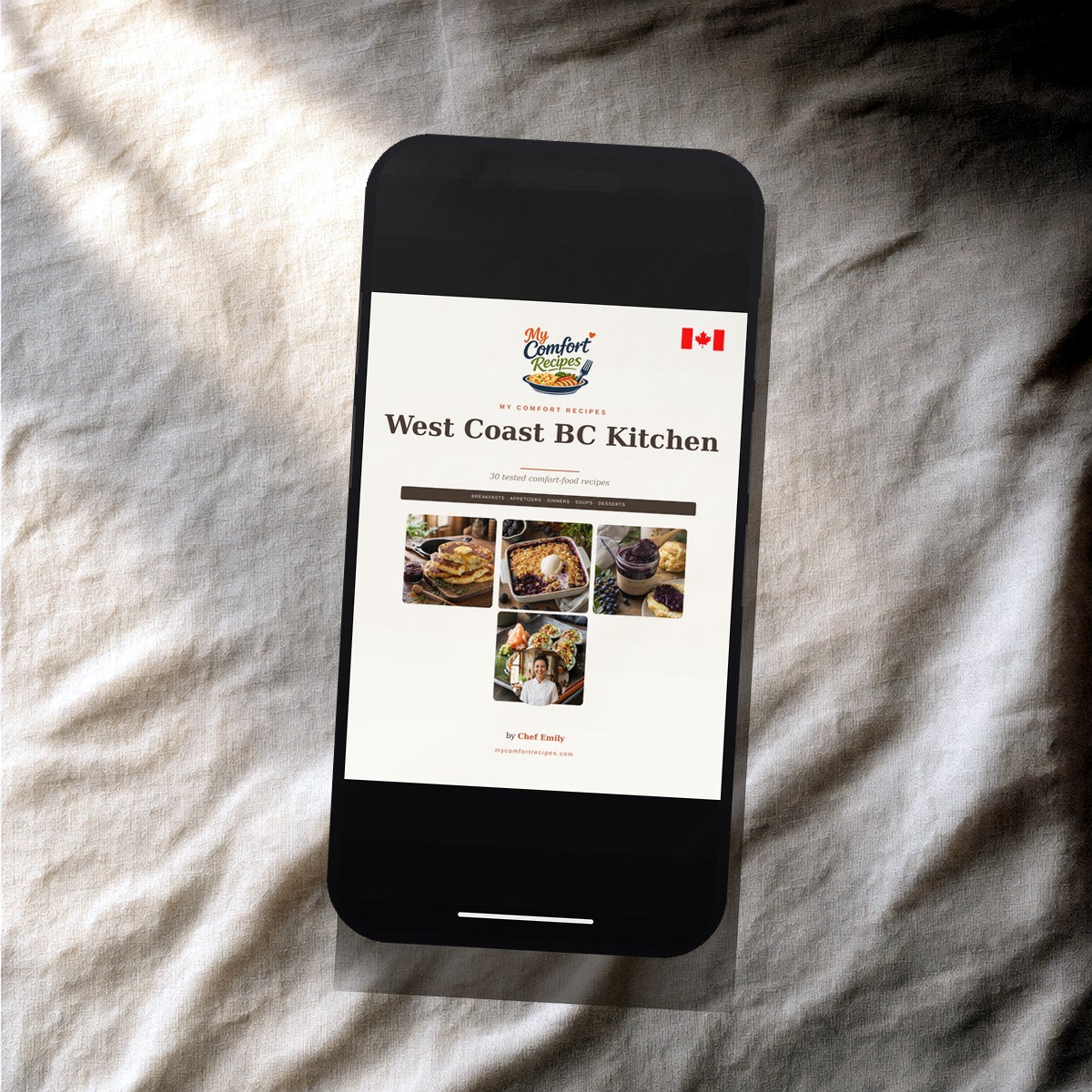 West Coast BC Kitchen PDF recipe book — cover on a smartphone