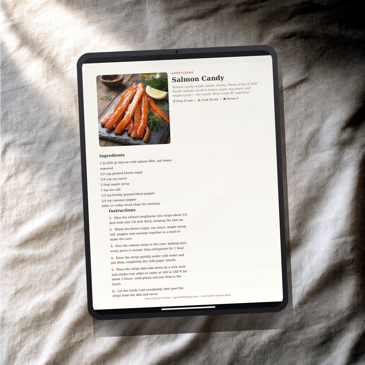 West Coast BC Kitchen PDF recipe book — Salmon Candy recipe on a tablet
